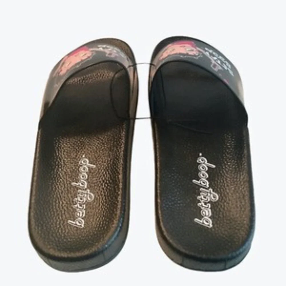 Betty‎ Boop Womens Slides Size 6 Black Selfie Sandals Casual Slip On Shoes